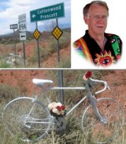 A picture of Pete and his ghost bike from close up and afar.